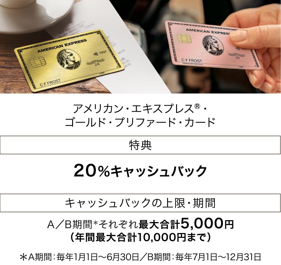 アメリカン・エキスプレス（R）･ゴールド・プリファード・カード 特典:20%キャッシュバック キャッシュバックの上限・期間:A／B期間＊それぞれ最大合計5,000円（年間最大合計10,000円まで）＊A期間：毎年1月1日～6月30日／B期間：毎年7月1日～12月31日