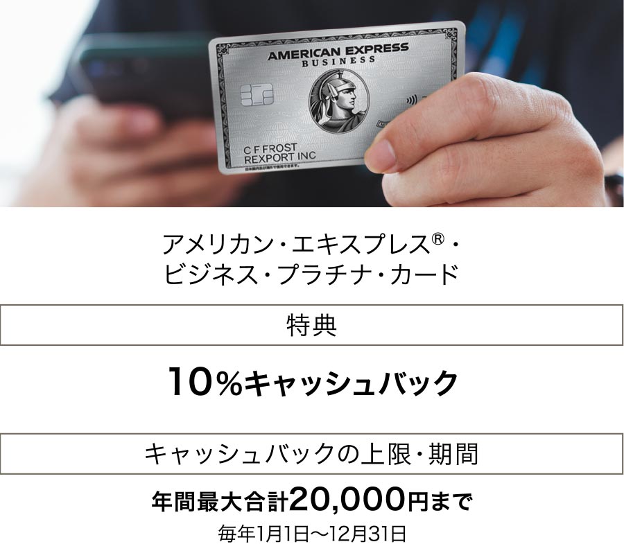 アメリカン・エキスプレス（R）･ビジネス・プラチナ・カード 特典:10%キャッシュバック キャッシュバックの上限・期間:年間最大合計20,000円まで 毎年1月1日～12月31日
